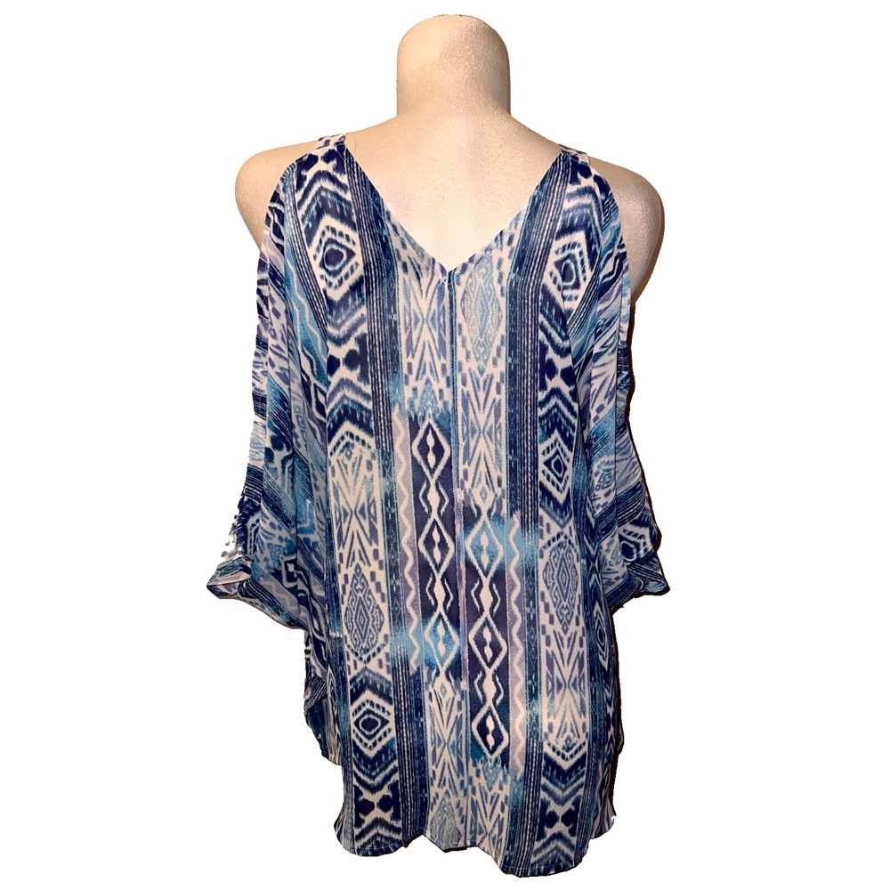 Wendy Bellissimo Cold Shoulder V Neck Blouse Blue Geometric Print Women's S/M - Picture 5 of 9